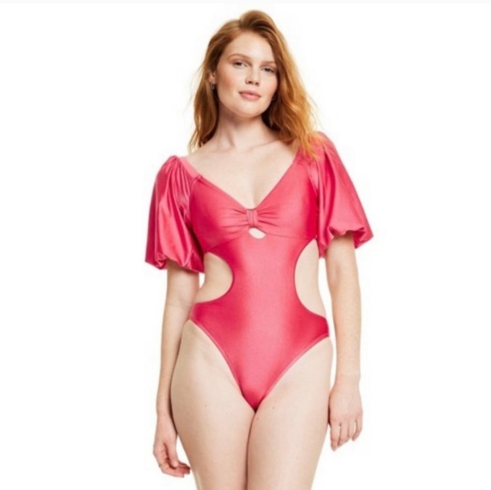 NWT Fe Noel Metallic Puff Sleeve Cut Out Swimsuit
